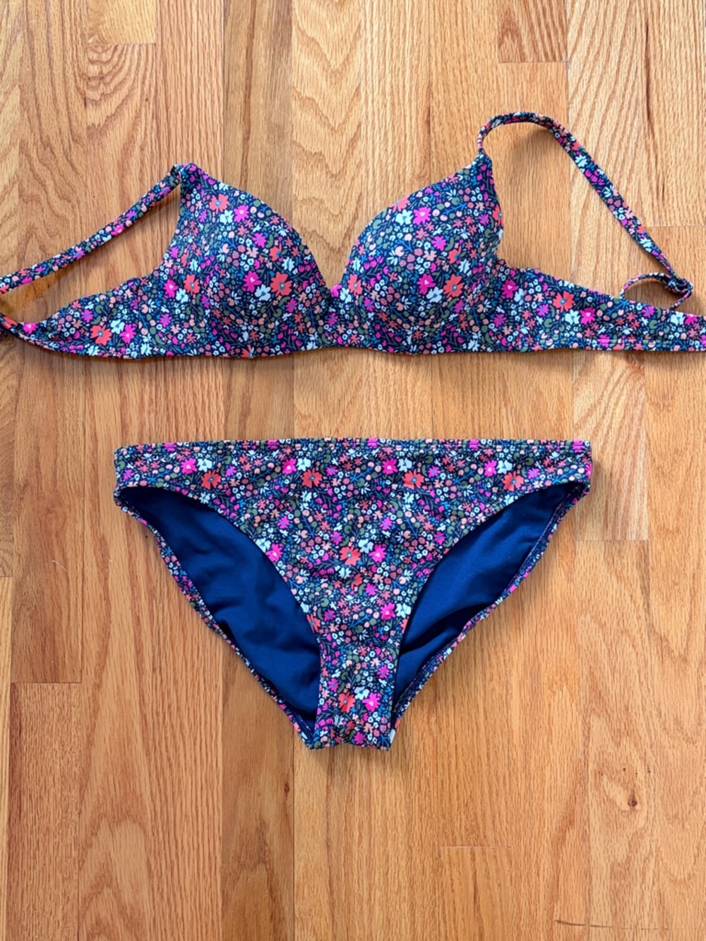 Boden Floral Pattern Two-Piece Bikini Set - Navy & Pink